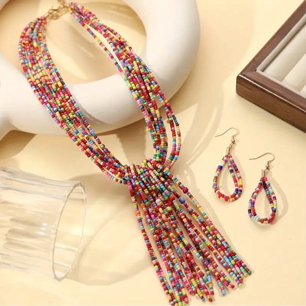 Colorful Beaded Scarf Necklace with Tassel Fringe - Picture 4 of 5